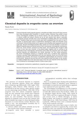 Chemical Deposits in Evaporite Caves: an Overview Paolo Forti Italian Institute of Speleology, Via Zamboni 67, 40126 Bologna, Italy