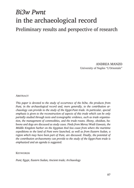 Bi3w Pwnt in the Archaeological Record Preliminary Results and Perspective of Research