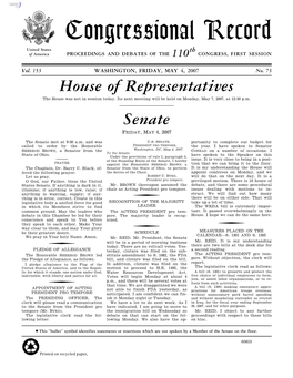 Congressional Record United States Th of America PROCEEDINGS and DEBATES of the 110 CONGRESS, FIRST SESSION