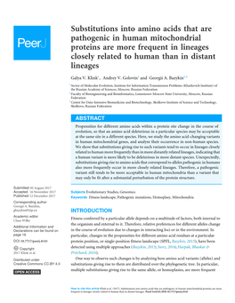 Substitutions Into Amino Acids That Are Pathogenic in Human Mitochondrial Proteins Are More Frequent in Lineages Closely Related to Human Than in Distant Lineages