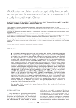 PAX9 Polymorphism and Susceptibility to Sporadic Non-Syndromic Severe Anodontia: a Case-Control Study in Southwest China
