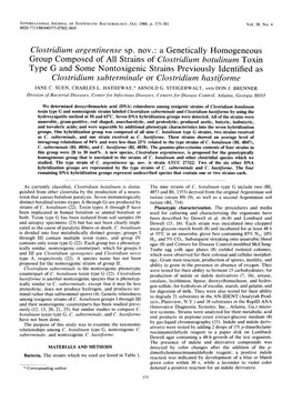 Clostridium Botulinum Toxin Type G and Some Nontoxigenic Strains Previously Identified As Clostridium Subterminale Or Clostridium Hastiforme JANE C