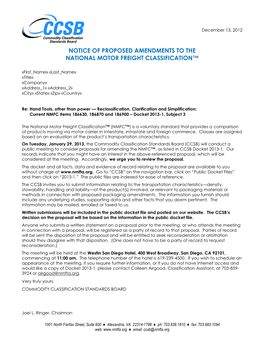 Notice of Proposed Amendments to the National Motor Freight Classification™
