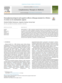 Neuropharmacological and Cognitive Effects of Bacopa Monnieri (L.) Wettst – a Review on Its Mechanistic Aspects