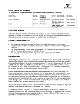 RESOLUTION NO. R2013-05 to Acquire Real Property Interests Required for the Northgate Link Extension