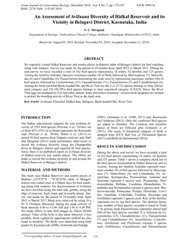 An Assessment of Avifauna Diversity of Hidkal Reservoir and Its Vicinity in Belagavi District, Karnataka, India