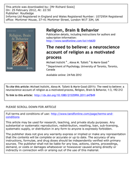 A Neuroscience Account of Religion As a Motivated Process Michael Inzlicht a , Alexa M