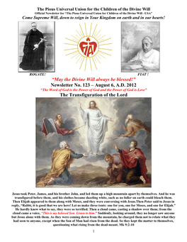 Newsletter No. 123 – August 6, AD 2012 the Transfiguration of the Lord