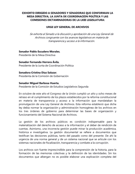 Exhorto Dirigido a Senadores Y Senadoras Que Conforman La Mesa Directiva, La Junta De Coordinación Política Y Las Comisiones Dictaminadoras De La Lxiii Legislatura