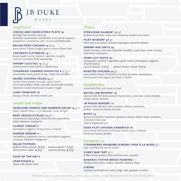 JB Duke Menu Spring Summer 2019