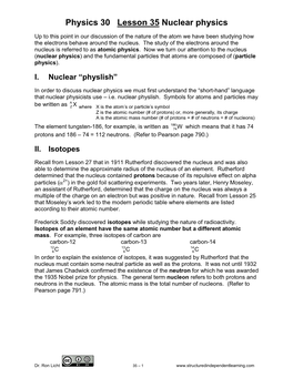 Physics 30 Lesson 35 Nuclear Physics