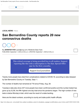 San Bernardino County Reports 20 New Coronavirus Deaths – San Bernardino Sun