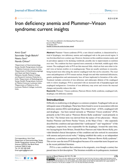 Iron Deficiency Anemia and Plummer–Vinson Syndrome: Current Insights