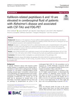 Kallikrein-Related Peptidases 6 and 10 Are Elevated in Cerebrospinal Fluid