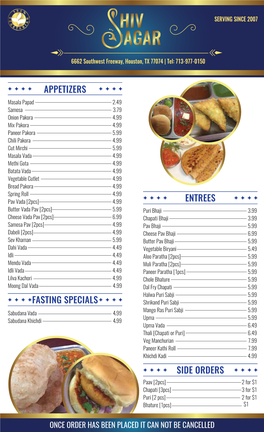 Fasting Specials Entrees Side Orders Appetizers