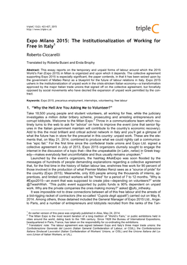 Expo Milano 2015: the Institutionalization of Working for Free in Italy1