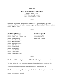 MINUTES SENATE COMMITTEE on FINANCE Saturday, August 7, 2021