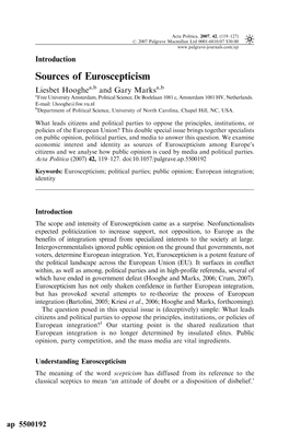 Sources of Euroscepticism Liesbet Hooghea,B and Gary Marksa,B Afree University Amsterdam, Political Science, De Boelelaan 1081 C, Amsterdam 1081 HV, Netherlands