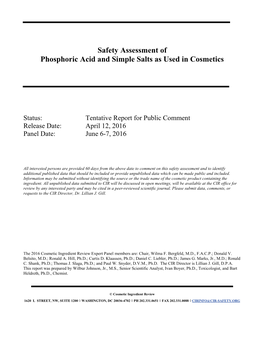 Safety Assessment of Phosphoric Acid and Simple Salts As Used in Cosmetics