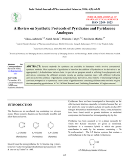 A Review on Synthetic Protocols of Pyridazine and Pyridazone Analogues