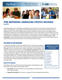 PEER MENTORING: HARNESSING POSITIVE INFLUENCE July 2015