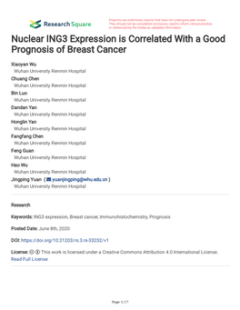 Nuclear ING3 Expression Is Correlated with a Good Prognosis of Breast Cancer