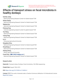 Effects of Transport Stress on Fecal Microbiota in Healthy Donkeys