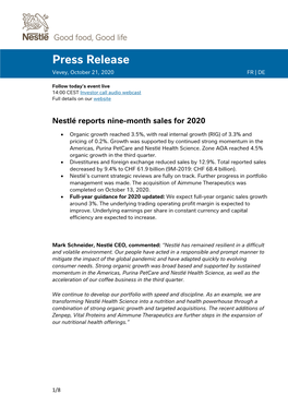 2020-Nine-Month-Sales-Press-Release