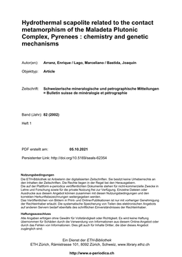 Hydrothermal Scapolite Related to the Contact Metamorphism of the Maladeta Plutonic Complex, Pyrenees : Chemistry and Genetic Mechanisms