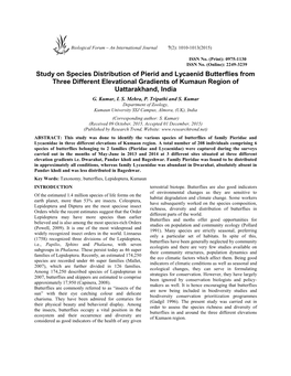 Study on Species Distribution of Pierid and Lycaenid Butterflies from Three Different Elevational Gradients of Kumaun Region of Uattarakhand, India G