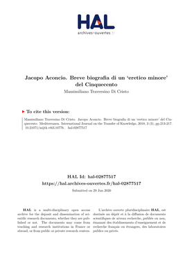 Jacopo Aconcio. Breve Biografia Di Un 'Eretico Minore' Del Cinquecento