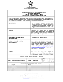 Servicio Nacional De Aprendizaje – Sena Regionalsantander Centro Agroturistico- San Gil Formato Solicitud Estudio De Mercados