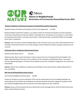 Nature in Neighborhoods Restoration and Community Stewardship Grants 2014