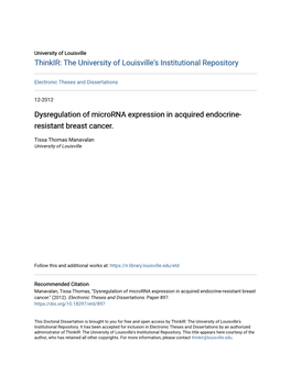 Dysregulation of Microrna Expression in Acquired Endocrine- Resistant Breast Cancer