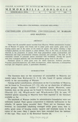 Coccinellids (Coleoptera, Coccinellidae) of Warsaw and Mazovia