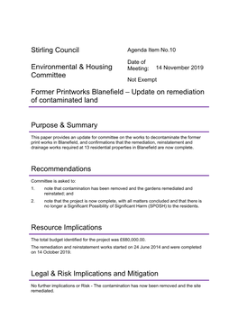 Former Printworks Blanefield – Update on Remediation of Contaminated Land