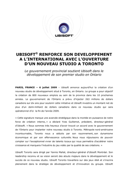 Ubisoft® Renforce Son Developpement a L’International Avec L’Ouverture D’Un Nouveau Studio a Toronto