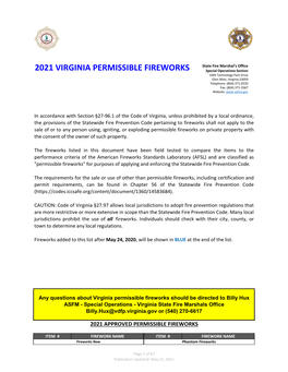 2021 Virginia Permissible Fireworks