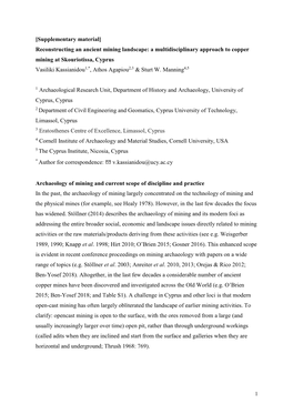 Reconstructing an Ancient Mining Landscape: a Multidisciplinary Approach to Copper Mining at Skouriotissa, Cyprus Vasiliki Kassianidou1,*, Athos Agapiou2,3 & Sturt W