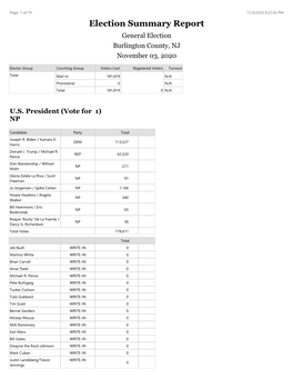 Election Summary Report General Election Burlington County, NJ November 03, 2020