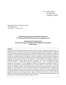 Conference Room Paper on the Doctrine of Discovery 11Th Session of the UN Permanent Forum on Indigenous Issues