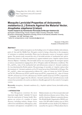 Mosquito Larvicidal Properties of Anisomeles Malabarica