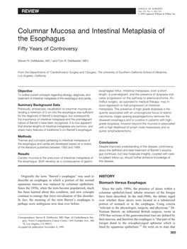 Columnar Mucosa and Intestinal Metaplasia of the Esophagus Fifty Years of Controversy