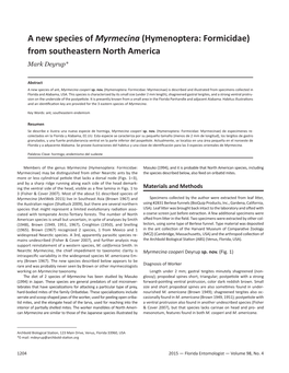 A New Species of Myrmecina (Hymenoptera: Formicidae) from Southeastern North America Mark Deyrup*