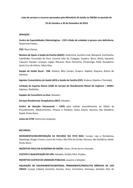 Lista De Serviços E Recursos Aprovados Pelo Ministério Da Saúde Na CIB/BA No Período De