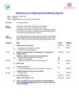 Uttlesford Local Highway Panel Meeting Agenda