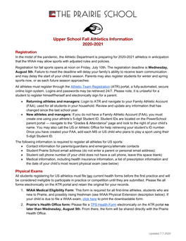 Upper School Fall Athletics Information 2020-2021