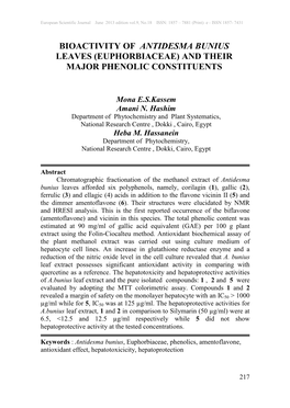 Bioactivity of Antidesma Bunius Leaves (Euphorbiaceae) and Their Major Phenolic Constituents