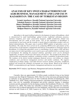 Analysis of Key Swot-Characteristics of Agri‐Business, Management and Land Use in Kazakhstan: the Case of Turkestan Region