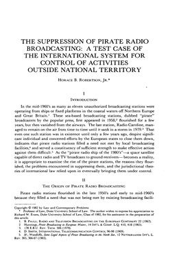 The Suppression of Pirate Radio Broadcasting: a Test Case of the International System for Control of Activities Outside National Territory